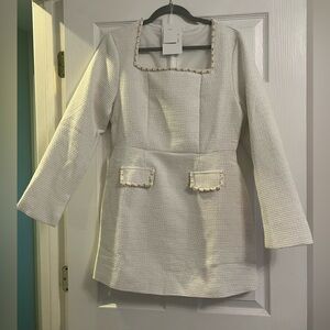 Women's Cream Tweed Mini Dress with Gold Trim